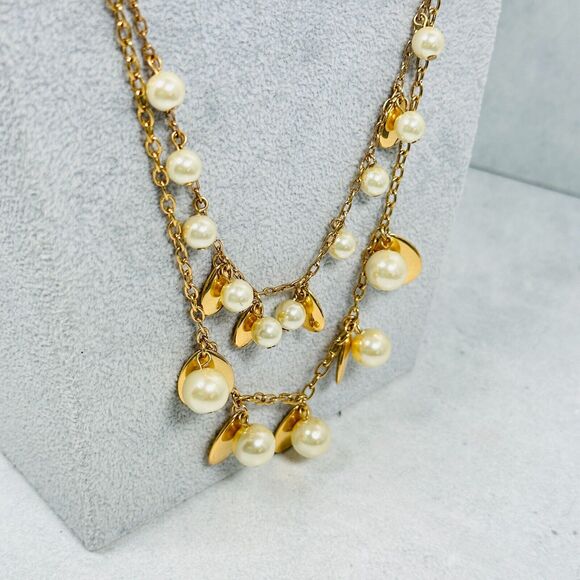 J. Crew Necklace Layered Charm Beaded Faux Pearl Gold Tone 36" Elegant Modern - Picture 2 of 8